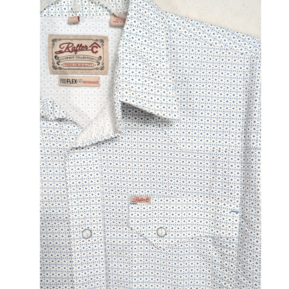 Rafter C Western Shirt Mens XXL White Blue Geometric ProFlex 45 Pearl Snap